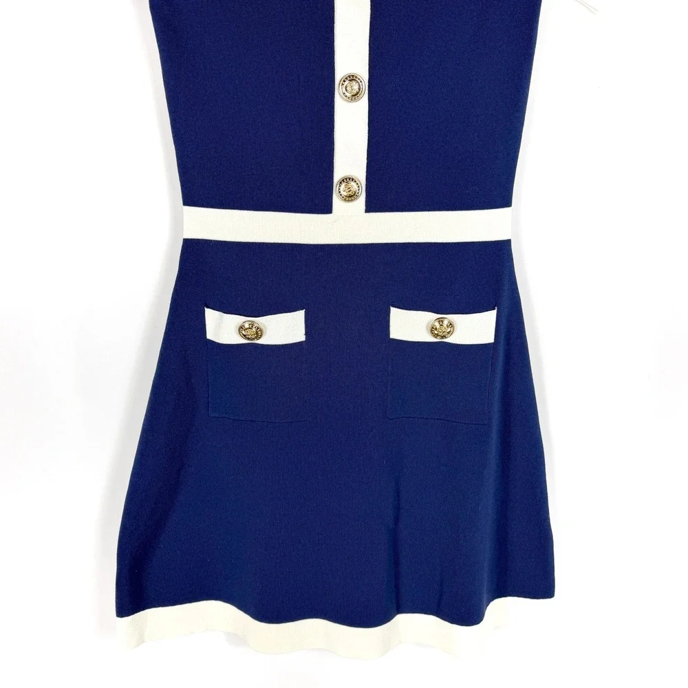Alexia Admor Beatrix Mini Dress Navy Blue White Contrast Knit Button Women XS